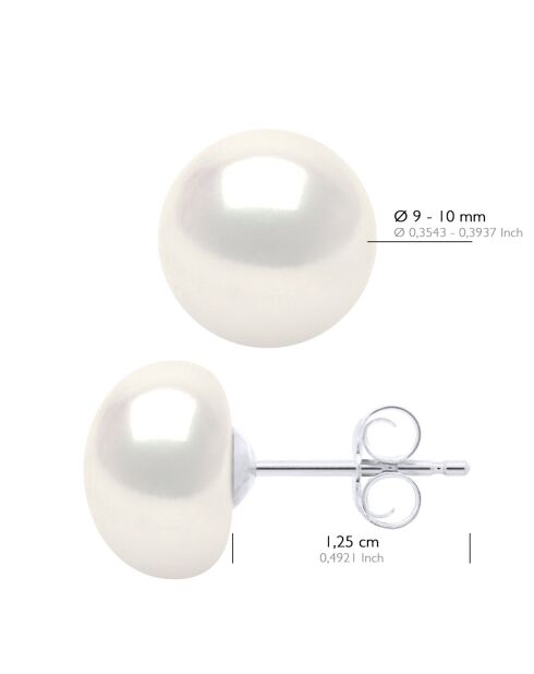 Boucles d'Oreilles Or Blanc & Perles de Culture d'Eau Douce Boutons blanches 9-10 mm