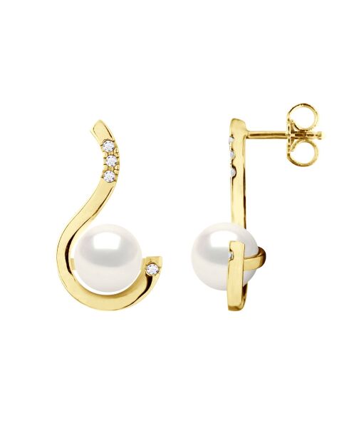 Boucles d'Oreilles Prestige Or Blanc, Diamants 0,08 Cts & Perles de Culture d'Eau Douce Rondes blanches