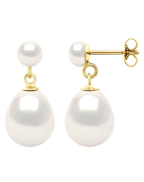 Boucles d'Oreilles Double Or Jaune & Perles de Culture d'Eau Douce Bouton blanches