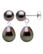 Boucles d'Oreilles Double Or Blanc & Perles de Culture de Tahiti Rondes et Poires peacock