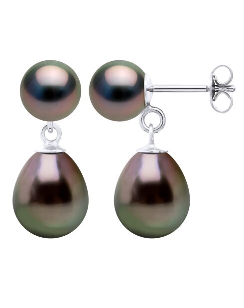 Boucles d'Oreilles Double Or Blanc & Perles de Culture de Tahiti Rondes et Poires peacock
