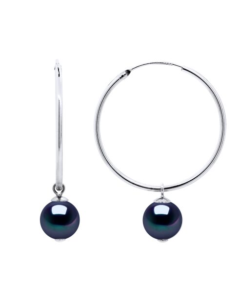 Boucles d'Oreilles Créoles Argent & Véritables Perles de Culture Rondes 9-10 mm