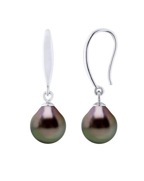 Boucles d'Oreilles en Argent & Perles de Culture de Tahiti Poires peacock 8-9 mm