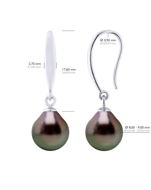 Boucles d'Oreilles en Argent & Perles de Culture de Tahiti Poires peacock 8-9 mm