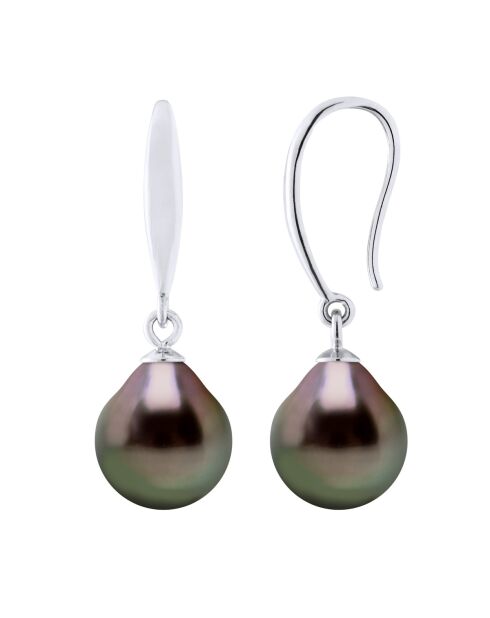 Boucles d'Oreilles en Argent & Perles de Culture de Tahiti Poires peacock 9-10 mm