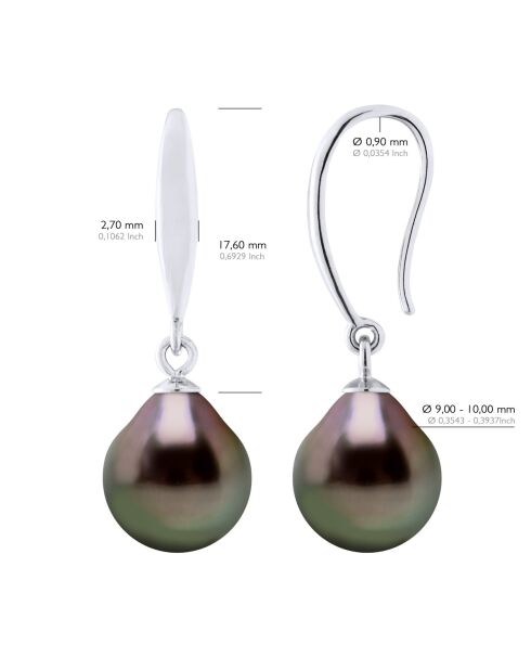 Boucles d'Oreilles en Argent & Perles de Culture de Tahiti Poires peacock 9-10 mm