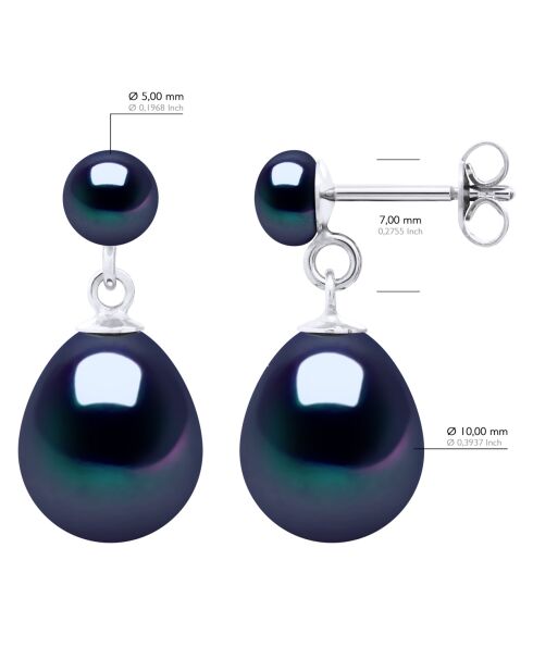Boucles d'Oreilles Double Or Blanc & Perles de Culture d'Eau Douce Bouton noires