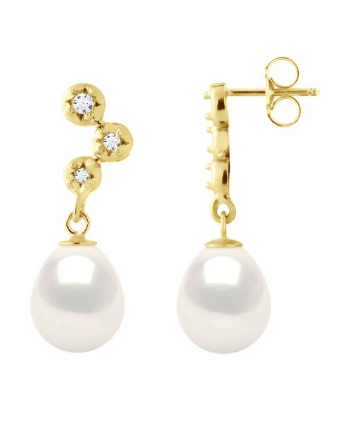 Boucles d'Oreilles Prestige Or Jaune, Diamants &  Perles de Culture d'Eau Douce Poires blanches