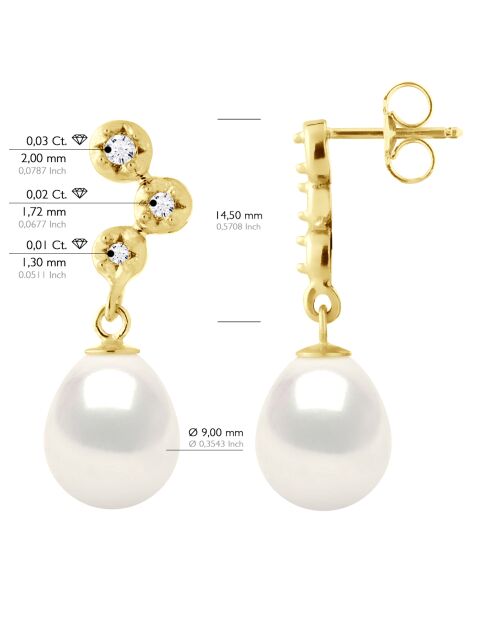 Boucles d'Oreilles Prestige Or Jaune, Diamants &  Perles de Culture d'Eau Douce Poires blanches