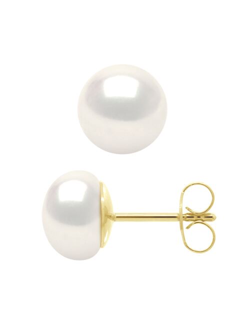 Boucles d'Oreilles Or Jaune & Perles de Culture d'Eau Douce Boutons blanches blanches