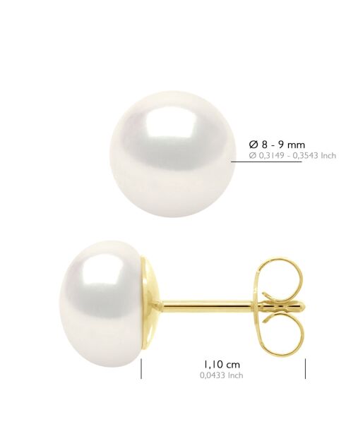 Boucles d'Oreilles Or Jaune & Perles de Culture d'Eau Douce Boutons blanches blanches