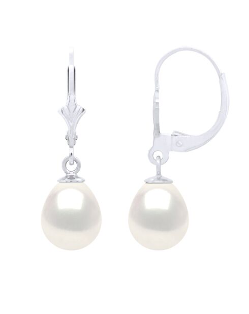 Boucles d'Oreilles Or Blanc & Perles de Culture d'Eau Douce Poires blanches