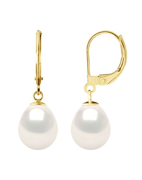 Boucles d'Oreilles Or Jaune & Perles de Culture d'Eau Douce Poires blanches