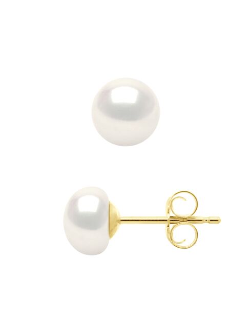 Boucles d'Oreilles en Or Jaune & Perles de Culture d'Eau Douce Boutons blanches 6-7 mm