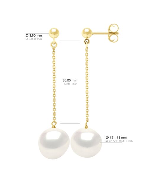 Boucles d'Oreilles Or Jaune & Perles de Culture d'Eau Douce blanches 11-12 mm