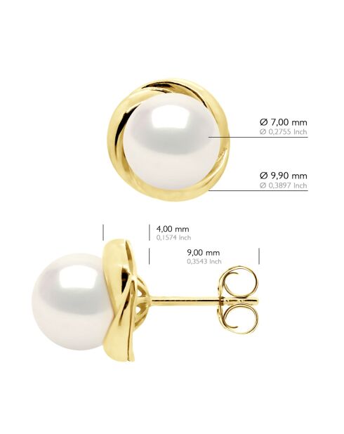 Boucles d'Oreilles Or Jaune & Perles de Culture d'Eau Douce Rondes blanches