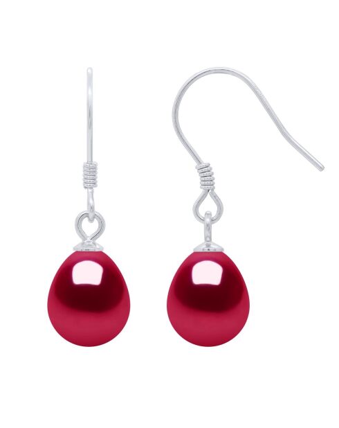 Boucles d'Oreilles en Argent & Perles de Culture d'Eau Douce Poires rouges 8-9 mm