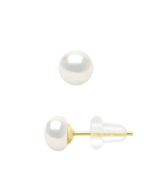 Boucles d'Oreilles en Or Jaune Perles de Culture d'Eau Douce Boutons blanches