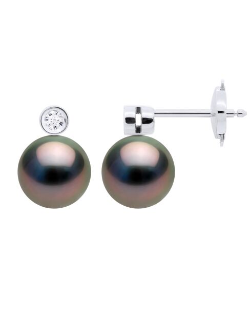 Boucles d'Oreilles Joallerie Prestige Or Blanc, Diamants 0.06 Cts & Perles de Culture de Tahiti Rondes peacock