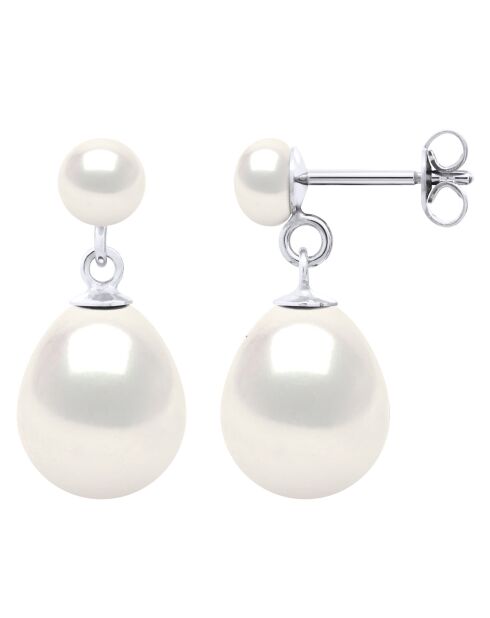 Boucles d'Oreilles Double Or Blanc & Perles de Culture d'Eau Douce Bouton blanches