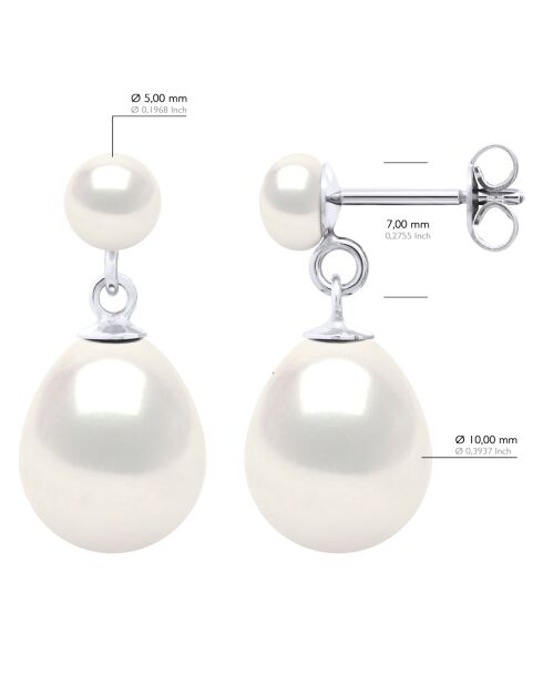 Boucles d'Oreilles Double Or Blanc & Perles de Culture d'Eau Douce Bouton blanches