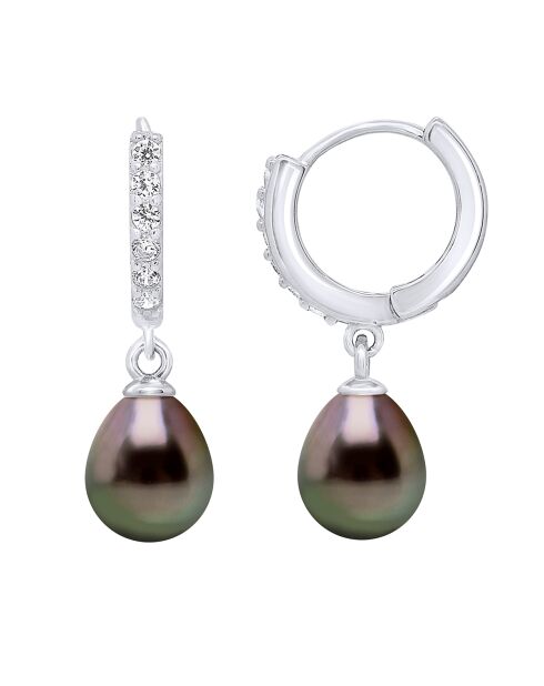 Boucles d'Oreilles Créoles en Argent Perles de Culture de Tahiti peacock