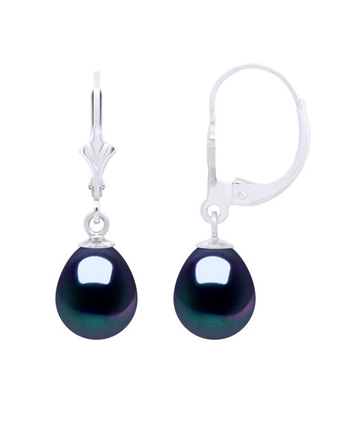 Boucles d'Oreilles en Or Blanc Perles de Culture d'Eau Douce Poires noires