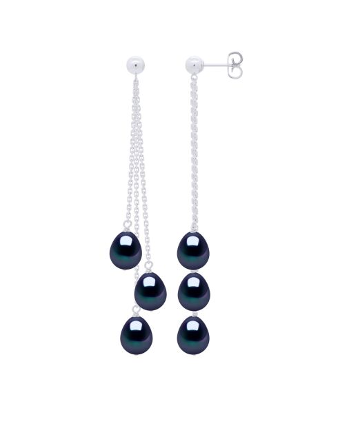 Boucles d'Oreilles Trio en Or Blanc Perles de Culture d'Eau Douce Poires noires