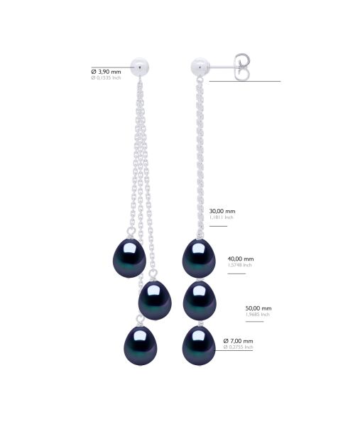 Boucles d'Oreilles Trio Or Blanc & Perles de Culture d'Eau Douce Poires noires