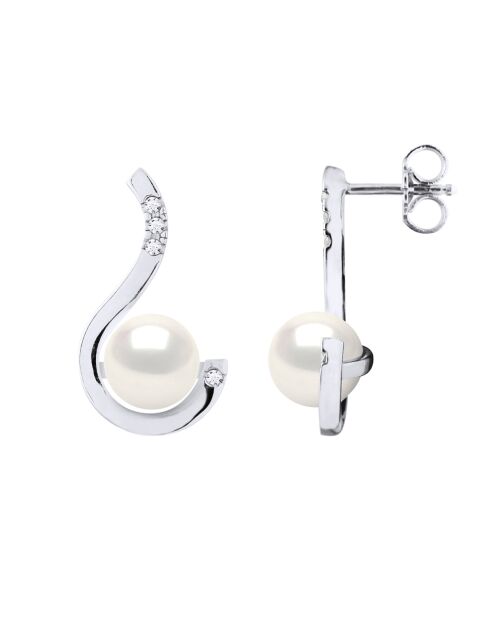 Boucles d'Oreilles Prestige Or Blanc, Diamants 0,08 Cts & Perles de Culture d'Eau Douce Rondes blanches