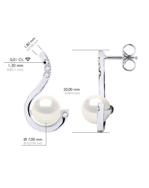 Boucles d'Oreilles Prestige Or Blanc, Diamants 0,08 Cts & Perles de Culture d'Eau Douce Rondes blanches