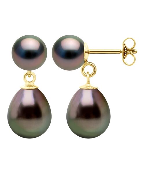 Boucles d'Oreilles Double Or Jaune & Perles de Culture de Tahiti Rondes et Poires peacock