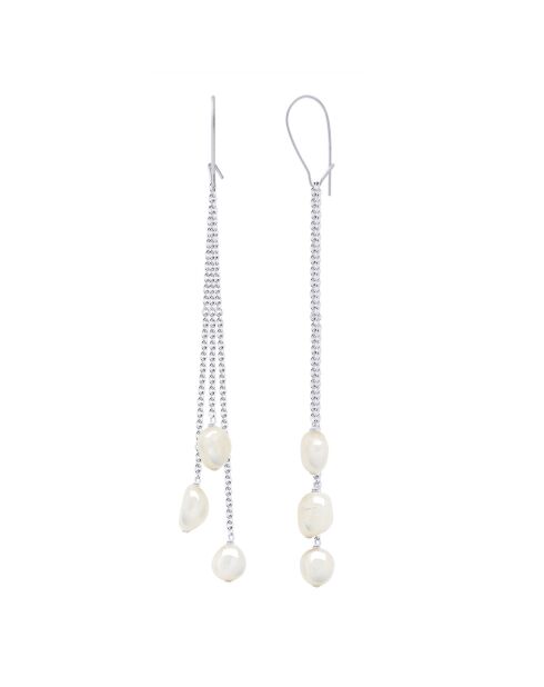 Boucles d'Oreilles en Or Blanc & 2x3 Perles de Culture d'Eau Douce blanches 6-7 mm