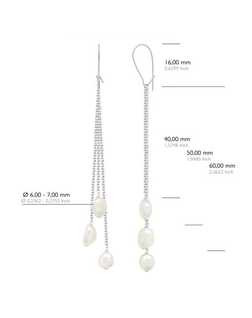 Boucles d'Oreilles en Or Blanc & 2x3 Perles de Culture d'Eau Douce blanches 6-7 mm