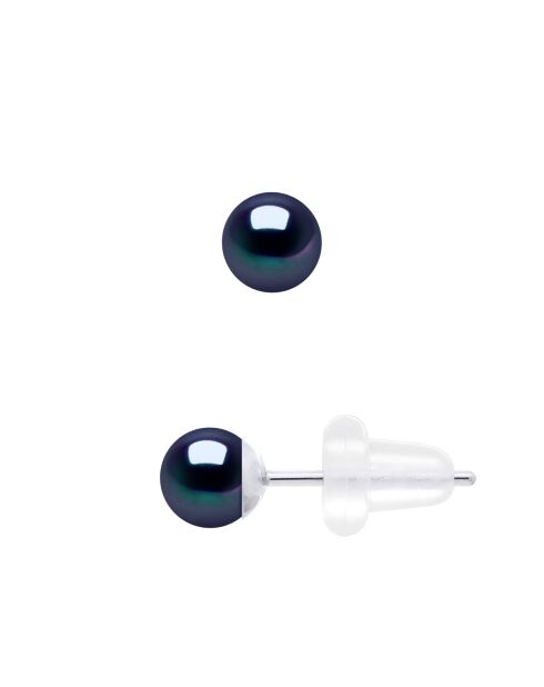 Boucles d'Oreilles en Or Blanc & Perles de Culture d'Eau Douce Rondes noires 4-5 mm
