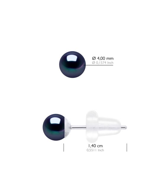 Boucles d'Oreilles en Or Blanc & Perles de Culture d'Eau Douce Rondes noires 4-5 mm
