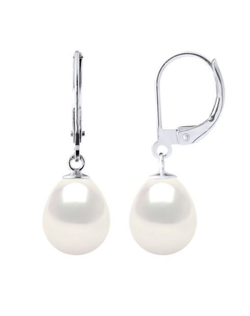 Boucles d'Oreilles Or Blanc & Perles de Culture d'Eau Douce Poires blanches