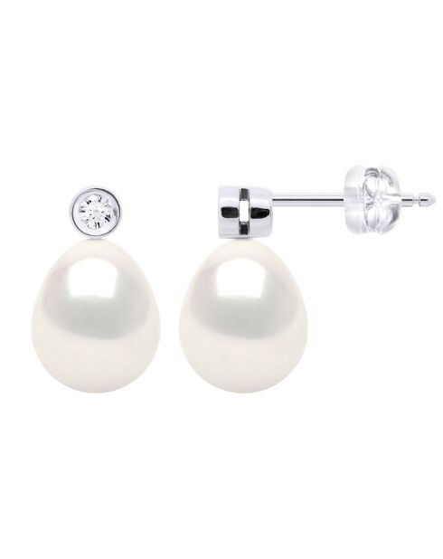 Boucles d'Oreilles Prestige Or Blanc, Diamants 0,02 Cts & Perles de Culture d'Eau Douce Poires blanches