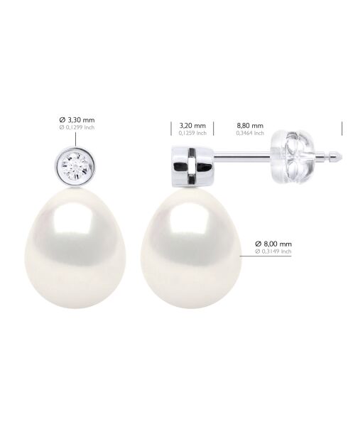 Boucles d'Oreilles Prestige Or Blanc, Diamants 0,02 Cts & Perles de Culture d'Eau Douce Poires blanches