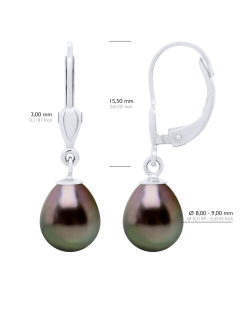 Boucles d'Oreilles en Argent & Perles de Culture de Tahiti Poires peacock 8-9 mm
