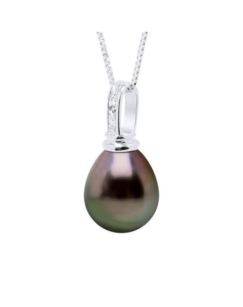 Pendentif Prestige Or Blanc, Diamant 0.03 Cts & Perle de Culture de Tahiti Poire noire