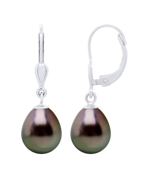 Boucles d'Oreilles en Or Blanc Perles de Culture de Tahiti Poires peacock