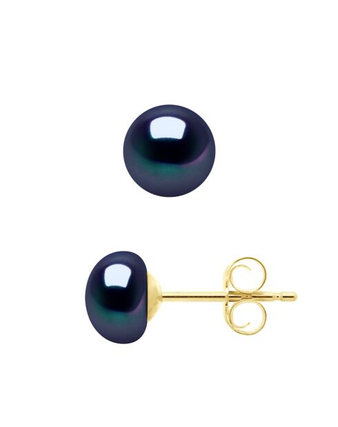 Boucles d'Oreilles en Or Jaune & Perles de Culture d'Eau Douce Boutons noires 6-7 mm