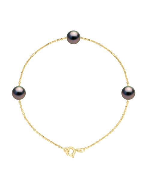 Bracelet Trio en Or Jaune & Perles de Culture de Tahiti Traversantes Rondes peacock  7-8 mm