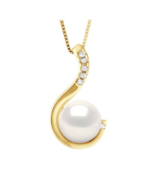 Pendentif Or Jaune, ,Diamants 0,06 Cts & Perle de Culture d'Eau Douce Ronde blanche