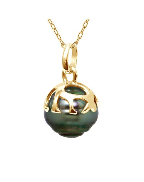 Pendentif Bélière Ethnique Or Jaune & Perle de Culture de Tahiti Cerclée peacock