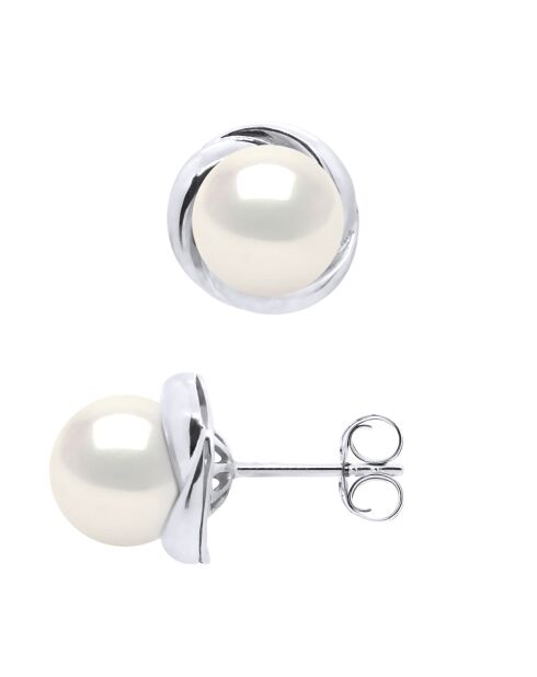 Boucles d'Oreilles en Or Blanc Perles de Culture d'Eau Douce Rondes blanches