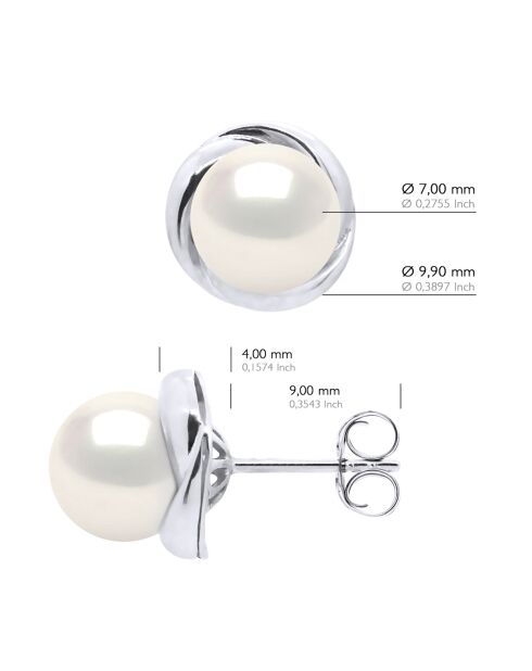Boucles d'Oreilles Or Blanc & Perles de Culture d'Eau Douce Rondes blanches