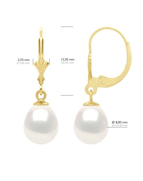 Boucles d'Oreilles Or Jaune & Perles de Culture d'Eau Douce Poires blanches