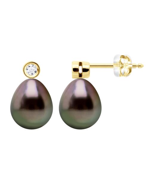 Boucles d'Oreilles Prestige Or jaune, Diamants 0,02 Cts & Perles de Culture de Tahiti Poires peacock